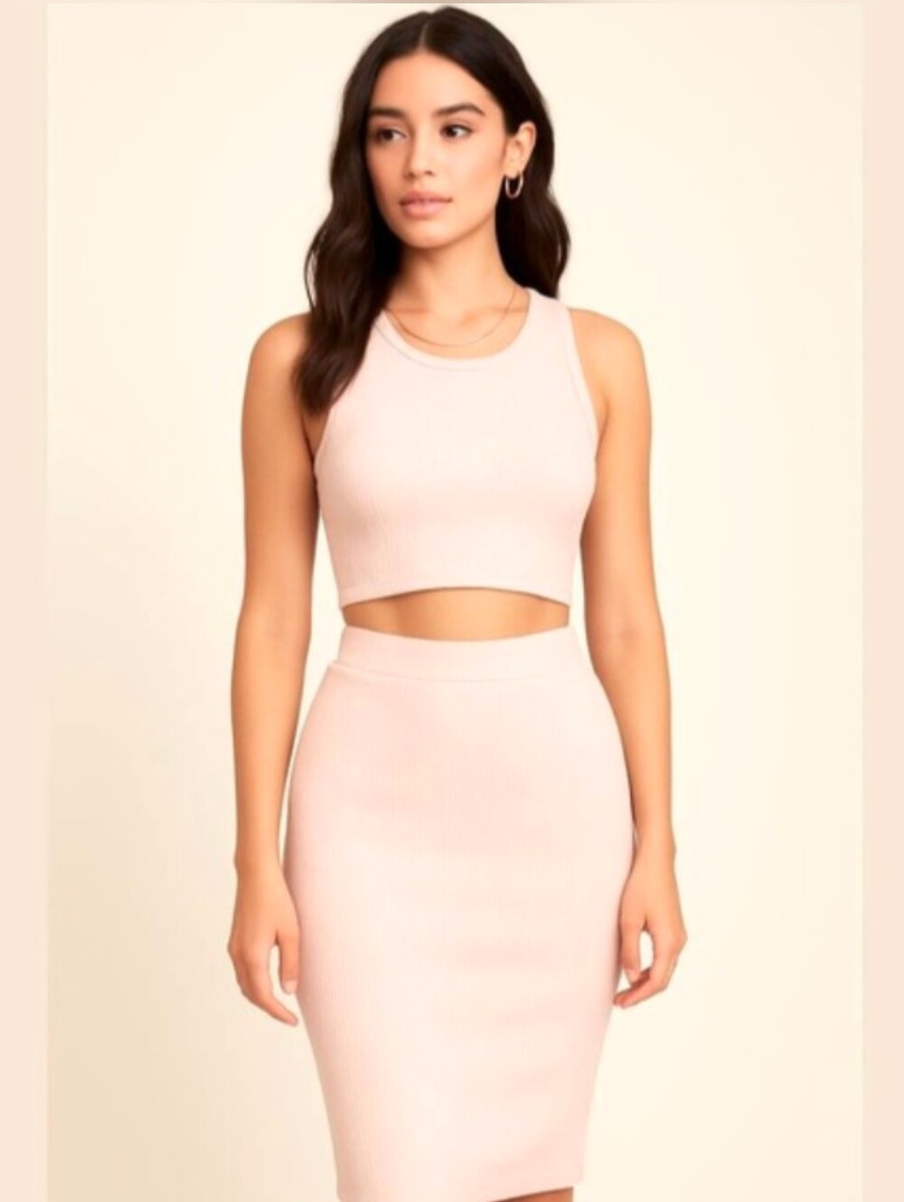 Sleeveless Cream Ribbed Crop Top & Bodycon Pencil Skirt Set